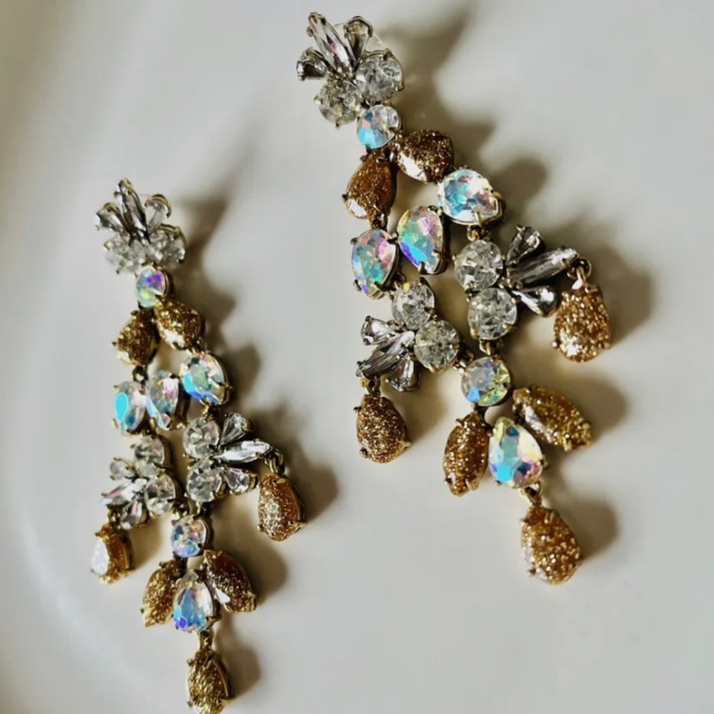 ✨ J. Crew | Iridescent Gold Glitter + Crystal Chandelier Statement Earrings